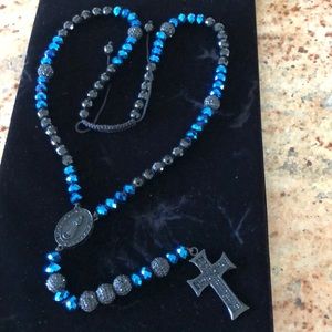 Black blue CZ rosary cross Jesus long necklace